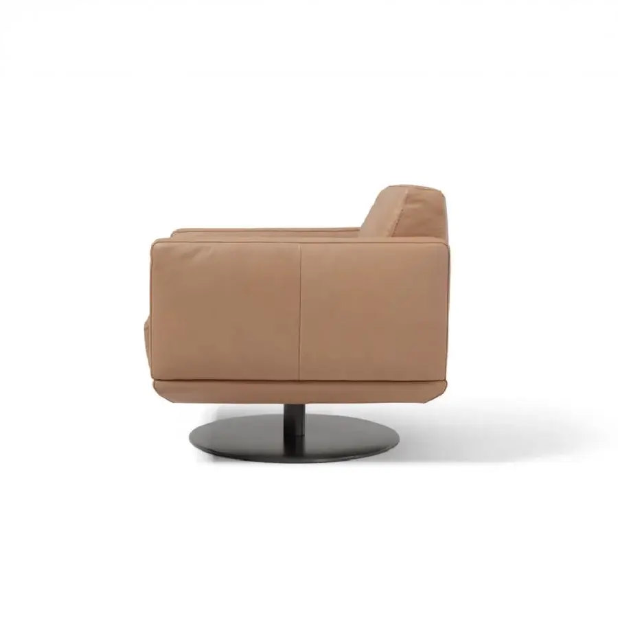 Superior Egoitaliano Gloria lounge chair with light brown leather and a sleek matte black metal swivel base