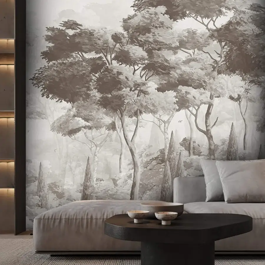 Exceptional Adriani e Rossi Wallpainting Tree wallpaper in soft beige-grey tones with a luxurious fiberglass base for enduring quality