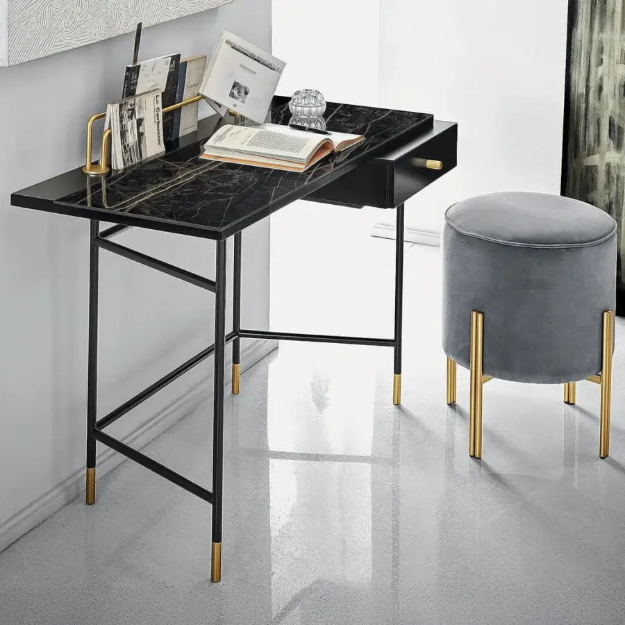 Distinguished Bontempi Vanity Desk with dark stone-like surface and black metal frame accented with gold finish