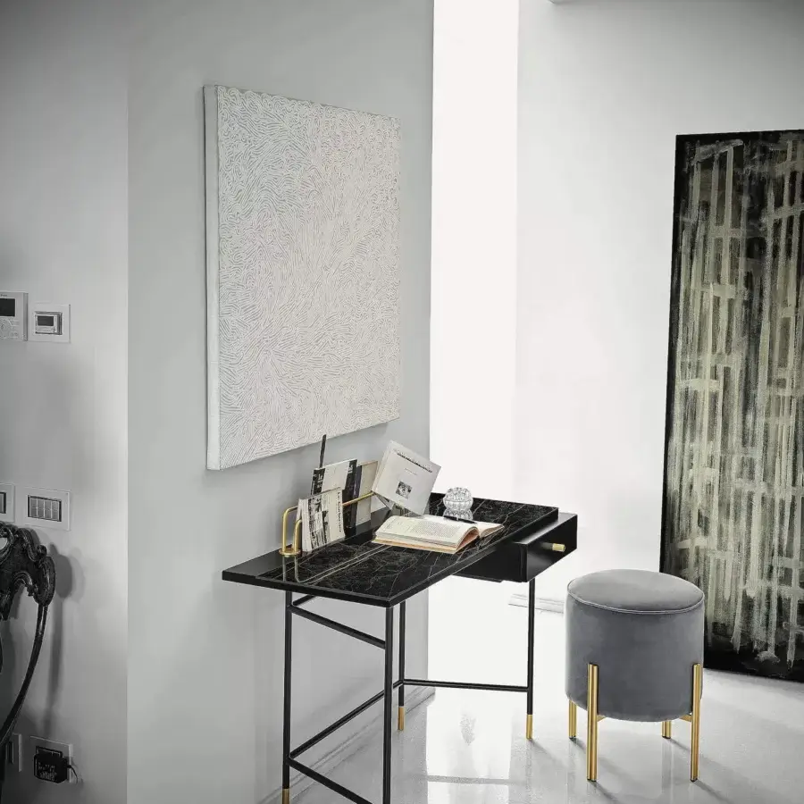 Elegant Bontempi Vanity Desk with polished stone tabletop and black metal frame accented with gold details