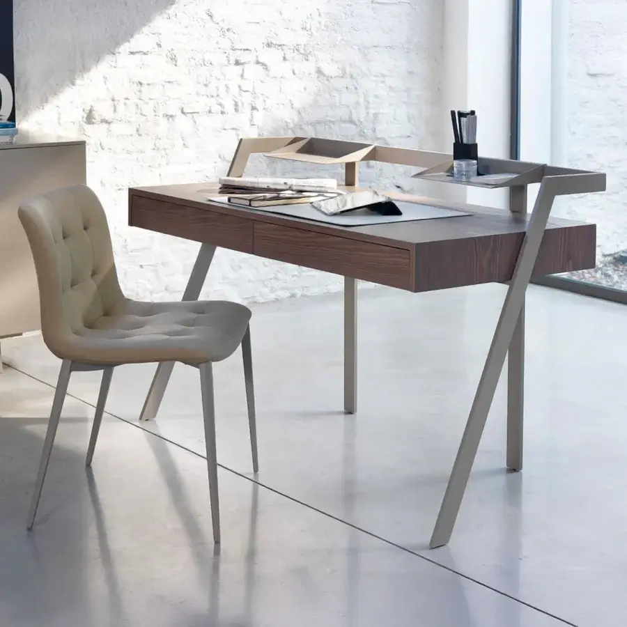 Distinguished Bontempi Zac desk with medium brown satin wood surface and light gray metal frame crafted with integrated steel trays