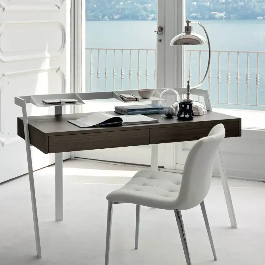 Exceptional Bontempi Zac desk crafted in medium brown wood with satin finish and supported by a sleek white metal frame