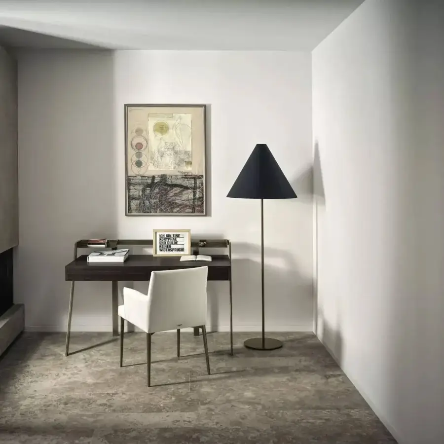 Distinguished Bontempi Zac desk with pale beige wood surface and matte metal frame built with two steel trays and wooden drawers