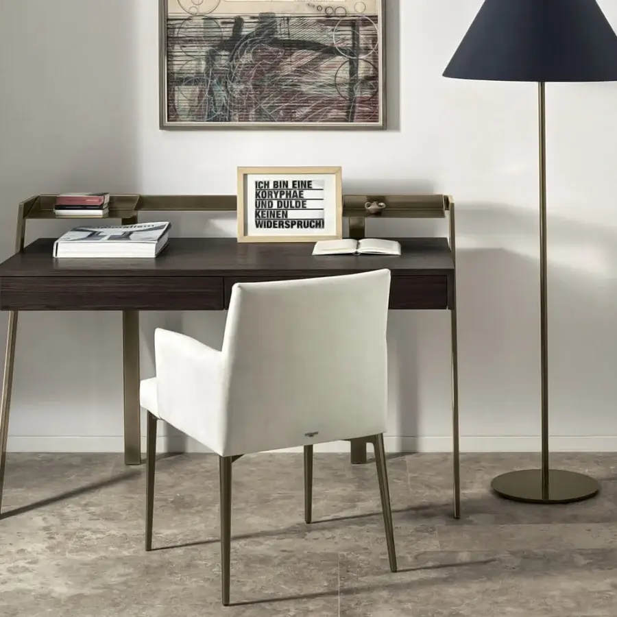 Elegant Bontempi Zac desk in dark brown wood with satin finish and brass-toned metal legs crafted with integrated wooden drawers and steel trays