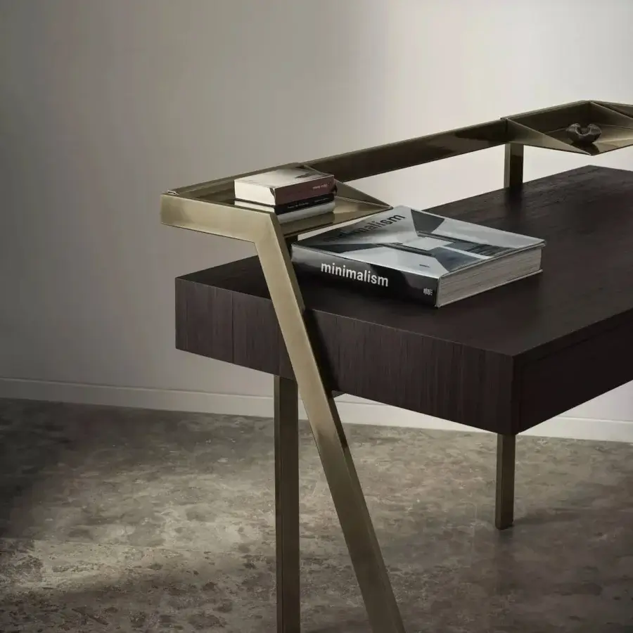 Superior Bontempi Zac desk in dark brown wood with satin finish and sleek silver-grey metal frame