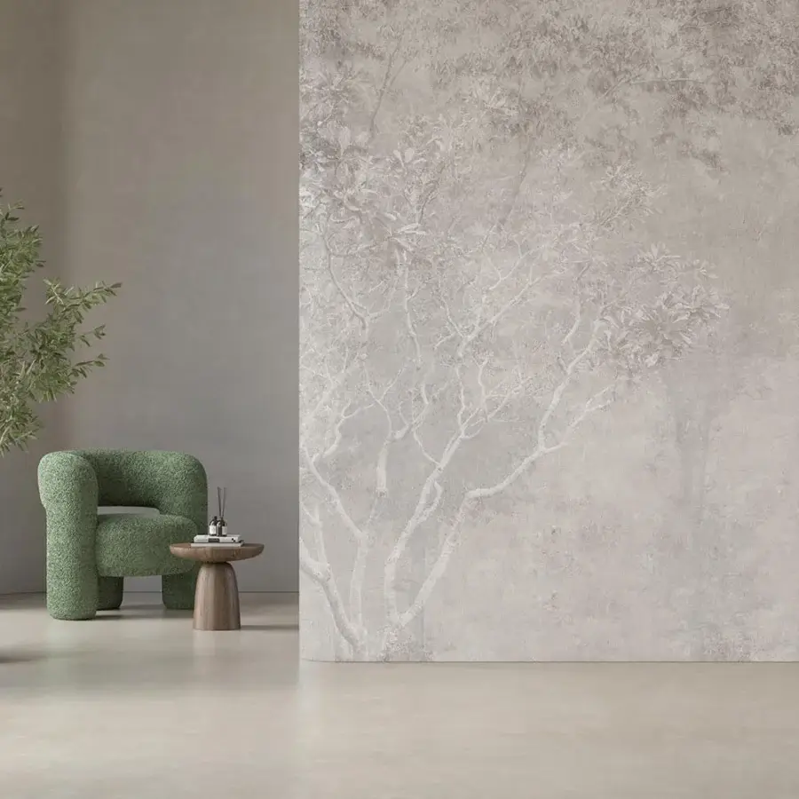 Elegant Adriani e Rossi Enchantment wallpaper with a large-scale tree design in muted gray fiberglass and refined matte finish