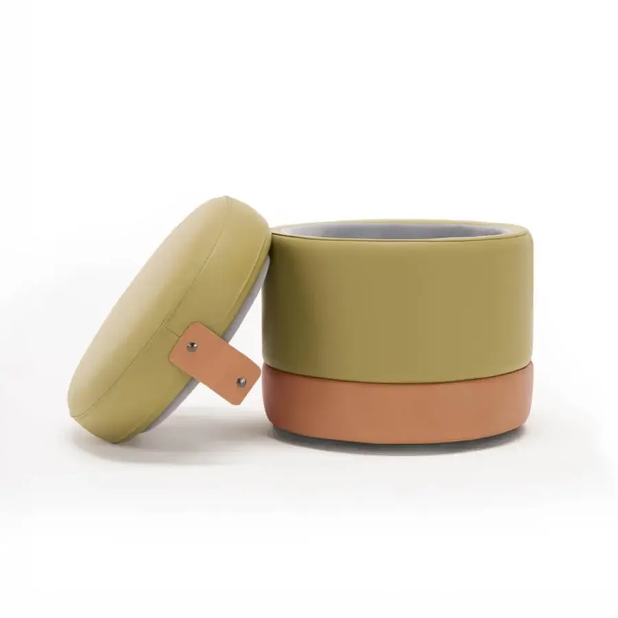 Elegant Egoitaliano Tonder ottoman with color-blocked olive green and terracotta leather upholstery with lacquered clips and metal rivets