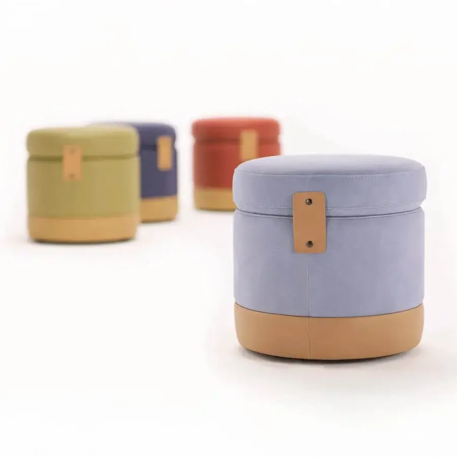 Distinguished Egoitaliano Tonder ottoman crafted with lavender upholstery and premium leather detailing in a matte textile finish