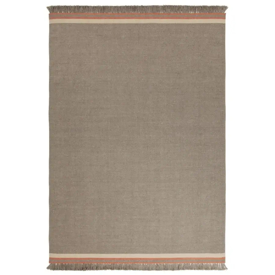 Distinguished Amini Coco rug crafted in India with recycled PET, showcasing muted grey-brown tones and subtle coral striped edges with fringed finish