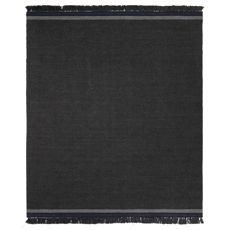 Superior Amini Coco rug with dark charcoal, navy and light grey stripes hand-woven from recycled PET with a hand-clipped finish