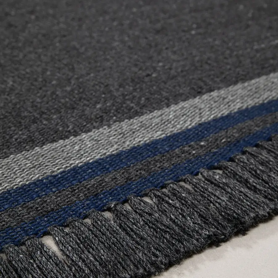 Distinguished Amini Coco rug with charcoal and deep blue bands crafted in a low-profile recycled PET flat weave finish