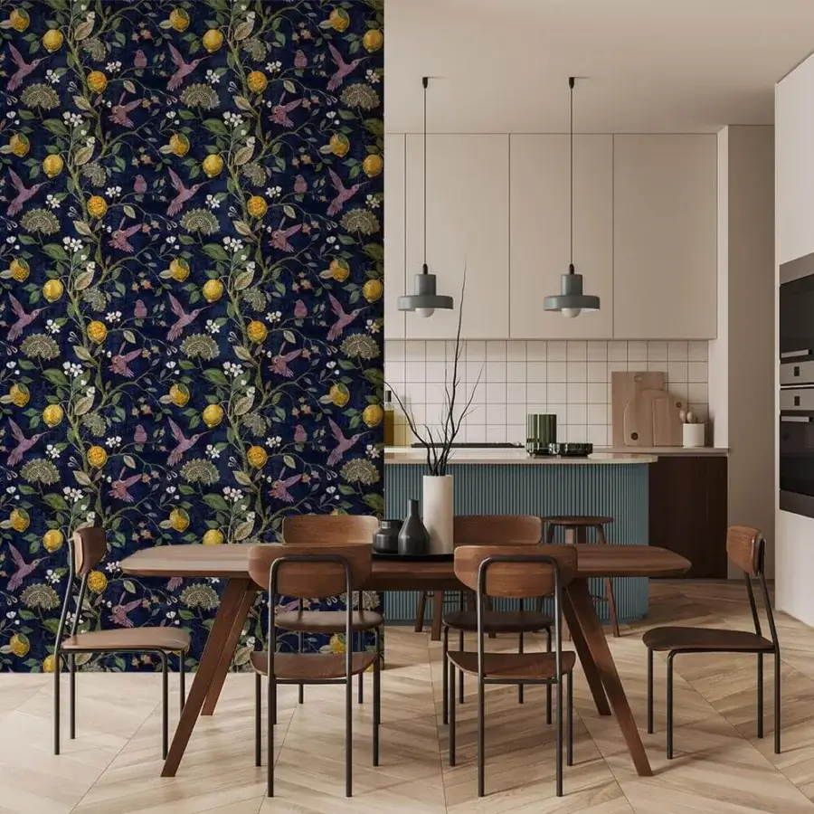Exceptional Adriani e Rossi Lemons & Birds wallpaper in ornate illustrative style with navy background and textile base