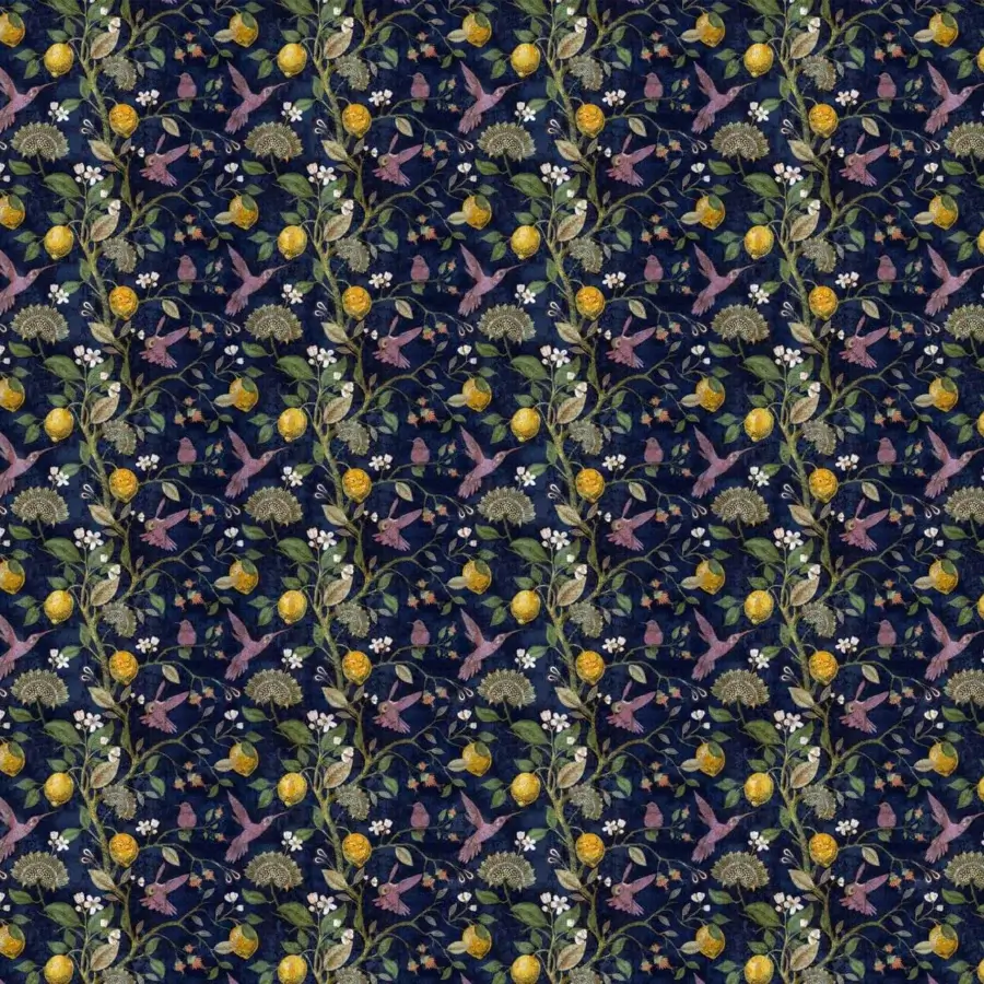 Elegant Adriani e Rossi Lemons & Birds wallpaper with botanical design in saturated yellow and navy textile material with soft-touch finish