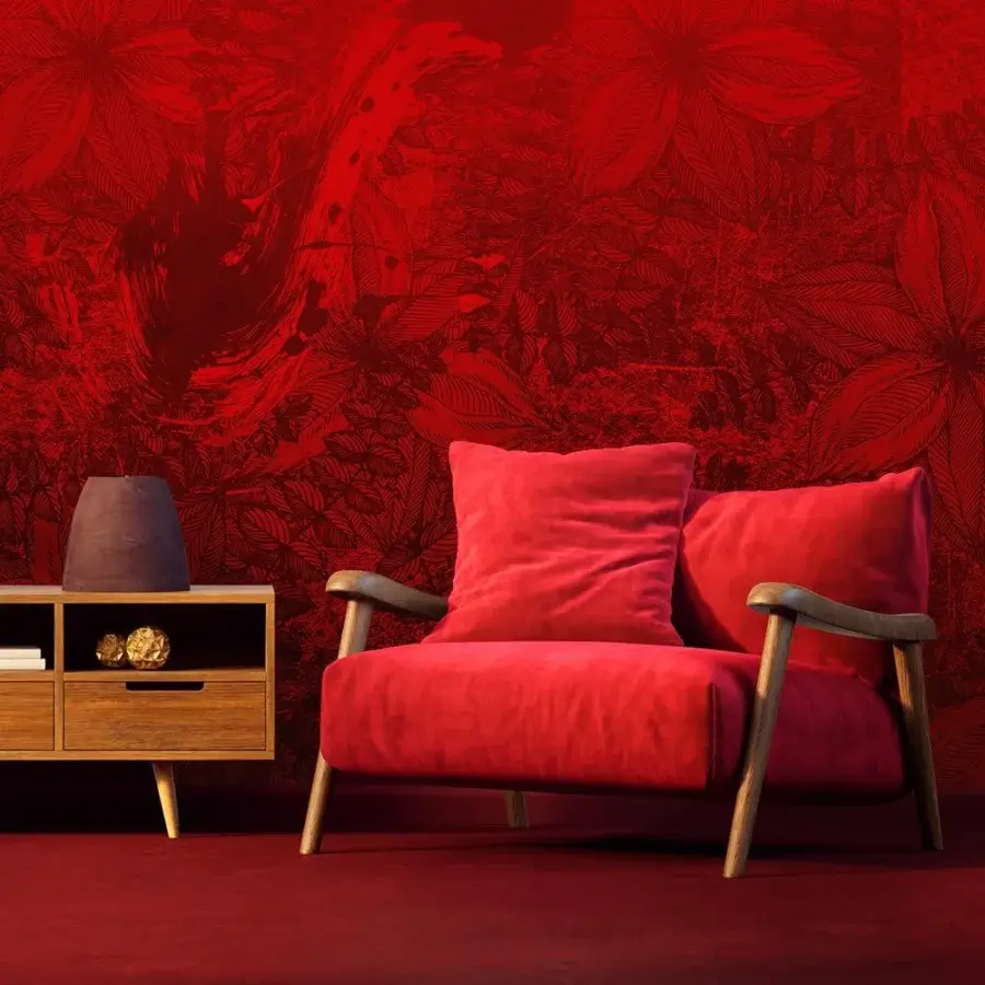 Superior Adriani e Rossi Passion Wallpaper displays crimson floral motifs against a vibrant red background with a durable fiberglass base