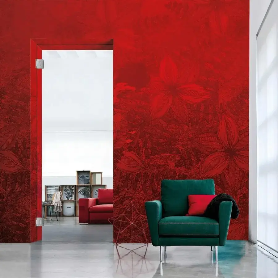 Distinguished Adriani e Rossi Passion Wallpaper displays saturated red organic florals with a subtly textured matte finish on fiberglass