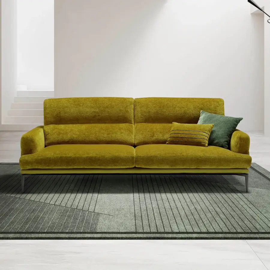 Distinguished Egoitaliano Feng sofa with plush muted golden yellow textile upholstery and dark epoxy powder-coated metal legs