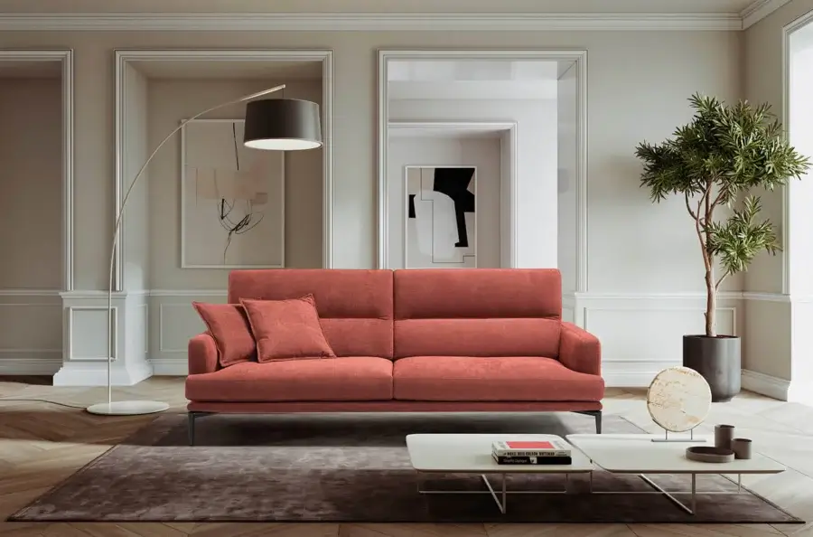Distinctive Egoitaliano Feng sofa with terracotta textile upholstery, birch plywood frame and dark epoxy powder-coated metal base