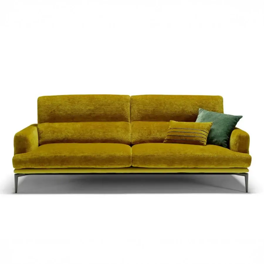 Sumptuous Egoitaliano Feng sofa with golden yellow velvet upholstery and dark metal legs with epoxy powder finish