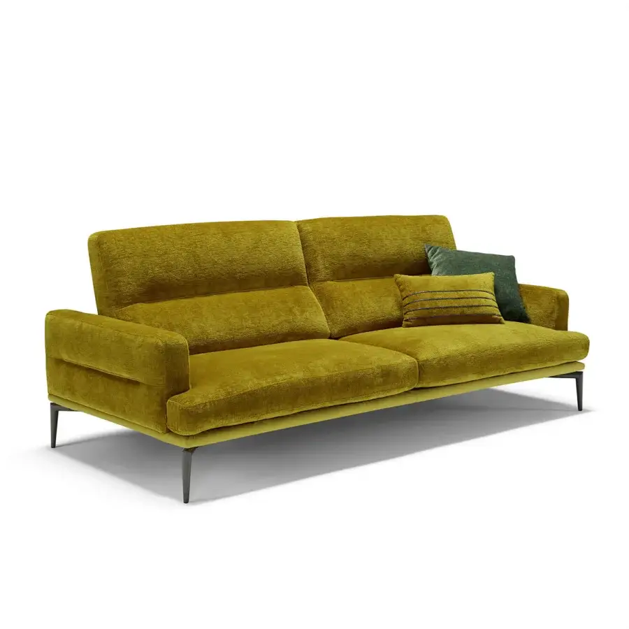 Superior Egoitaliano Feng sofa with muted golden-yellow textile upholstery, birch plywood frame and dark metal epoxy powder-coated legs