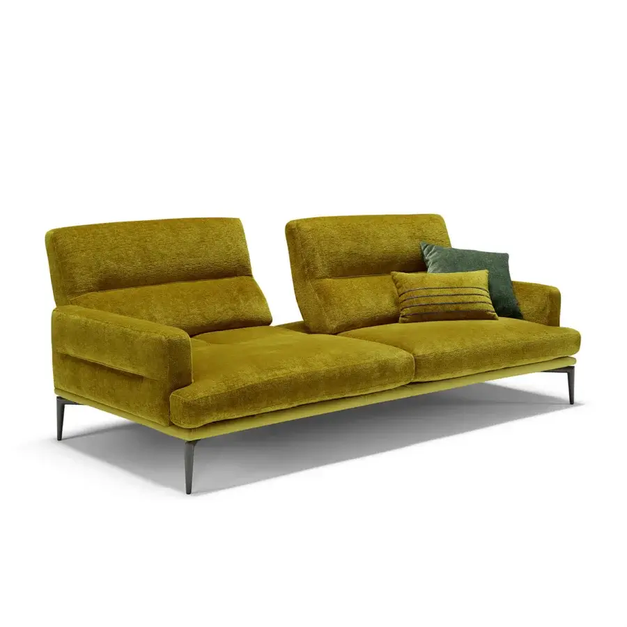 Elegant Egoitaliano Feng sofa with plush golden-yellow textile upholstery and dark epoxy powder-coated metal legs
