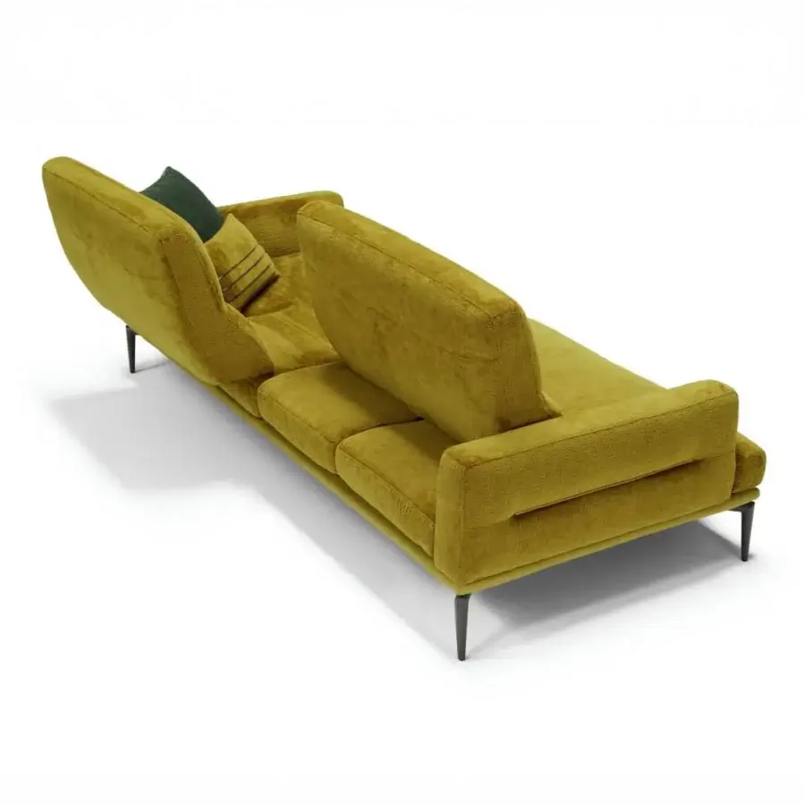 Distinguished Egoitaliano Feng sofa with muted golden-yellow textile upholstery and slender dark metal legs