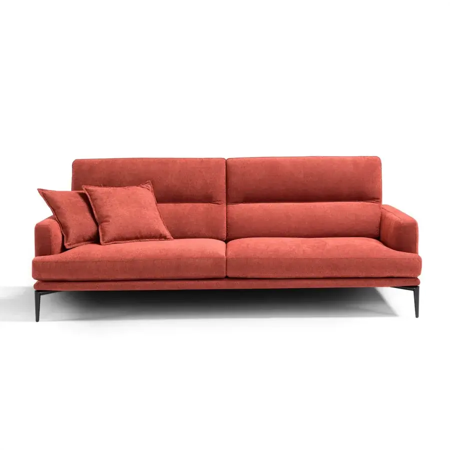 Superior Egoitaliano Feng sofa with reddish-orange textured textile upholstery and dark epoxy powder-coated metal legs