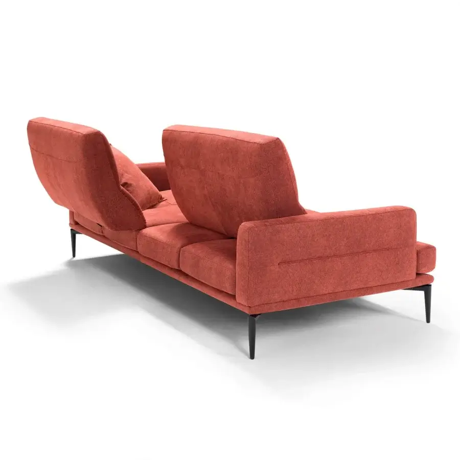 Exclusive Egoitaliano Feng sofa with reddish-orange woven fabric upholstery and dark epoxy powder-coated metal legs