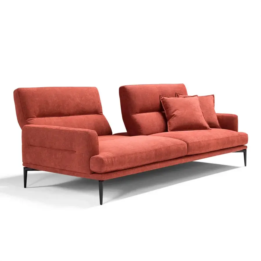 Superior Egoitaliano Feng sofa with reddish-orange woven fabric upholstery and dark epoxy powder-coated metal legs
