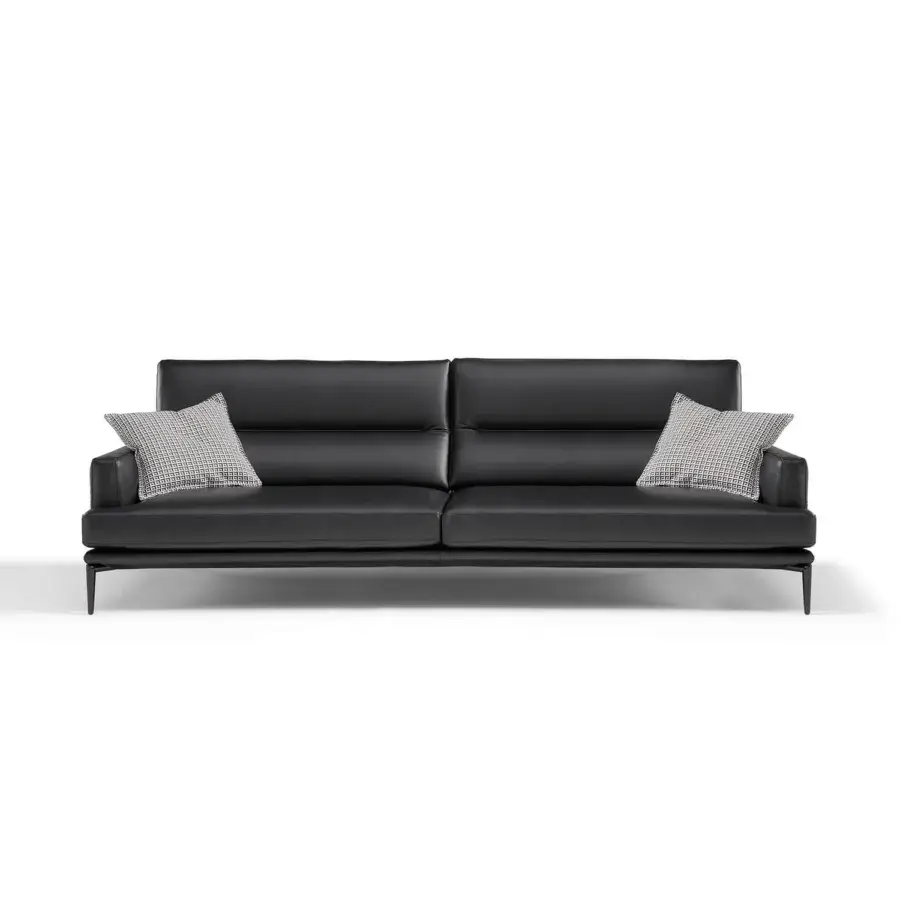 Exceptional Egoitaliano Feng sofa with dark leather-like matte upholstery and slender angled metal legs crafted in Italy