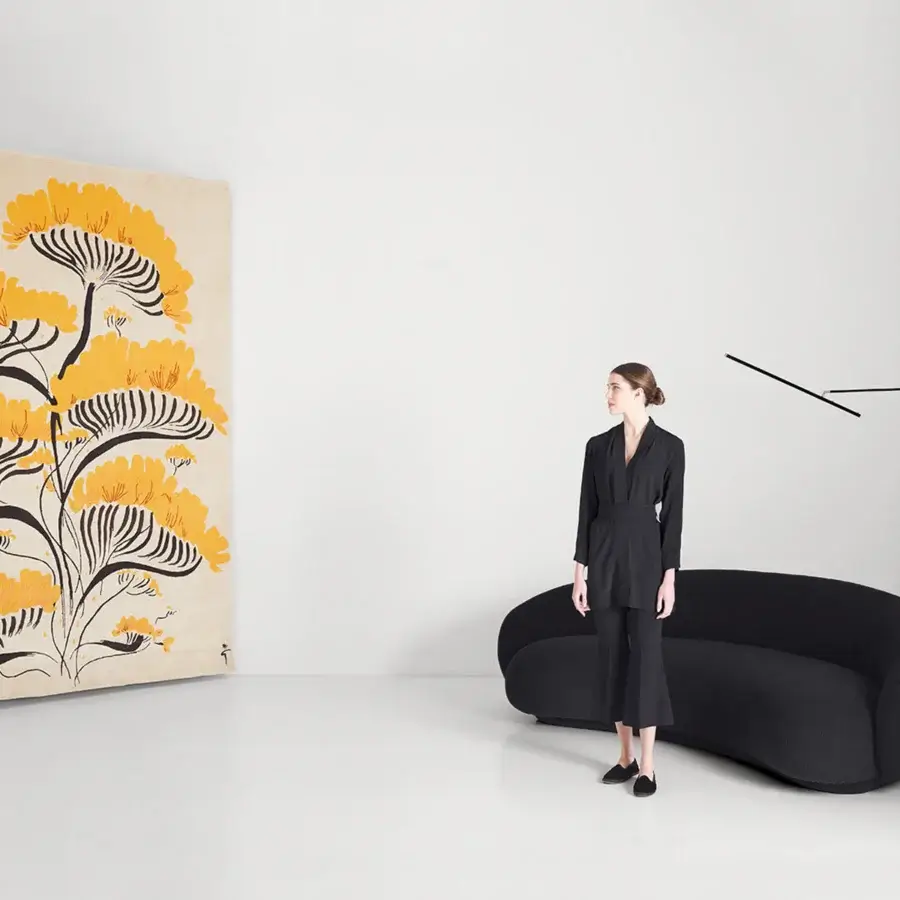 Distinguished Amini Valparaise rug with captivating floral motifs crafted in yellow silk and charcoal New Zealand wool with hand-washed finish