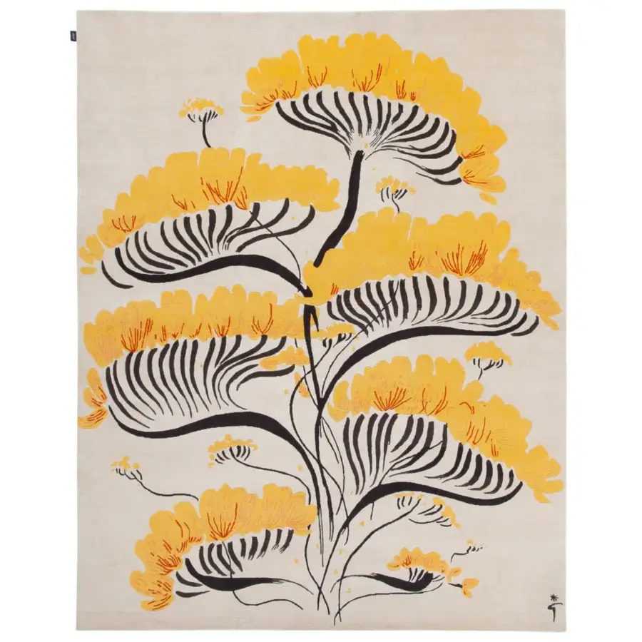 Exceptional Amini Valparaise rug with botanical design hand-knotted in lustrous silk and New Zealand wool with revolved fringes