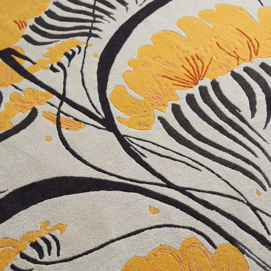 Distinguished Amini Valparaise rug with golden yellow and black floral design hand-knotted in silk and New Zealand wool with hand-washed finish