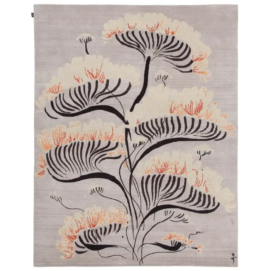 Distinguished Amini Valparaise rug with organic lines in warm orange and charcoal tones hand-knotted in silk and New Zealand wool with a carved finish