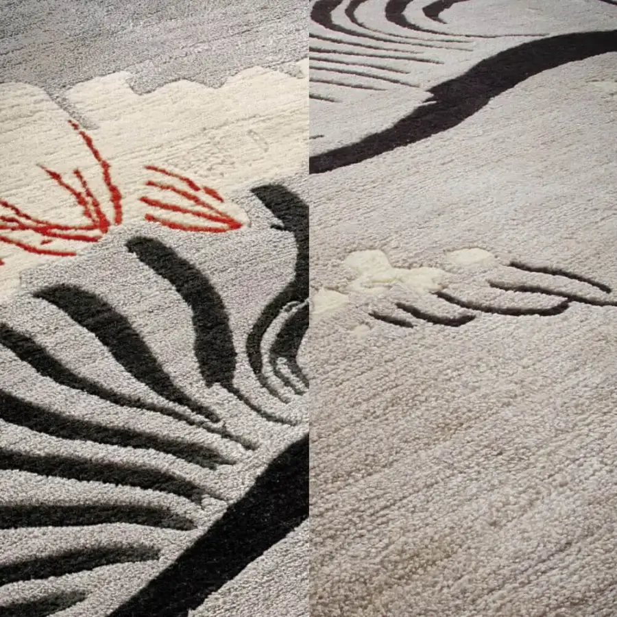 Distinguished Amini Valparaise rug with swirling floral motifs in gray, cream, and red, hand-knotted with silk and New Zealand wool