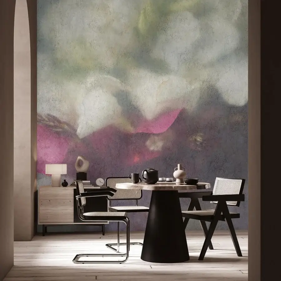 Superior Adriani e Rossi Ilaria wallpaper with abstract floral design in lavender, gray, and green crafted with a subtly textured finish