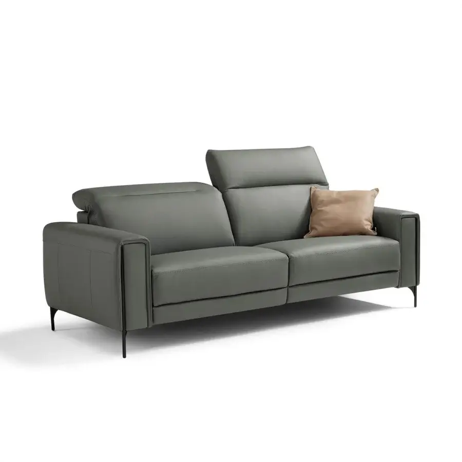 Superior Egoitaliano Gary sofa with smooth gray-green synthetic upholstery and slender dark metal legs with epoxy powder finish