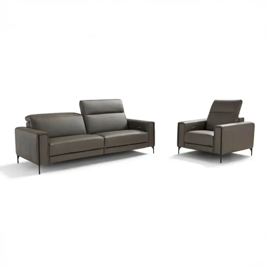 Superior Egoitaliano Gary sofa with smooth brown fabric upholstery and dark matte epoxy powder-coated metal legs offering reclining backrests