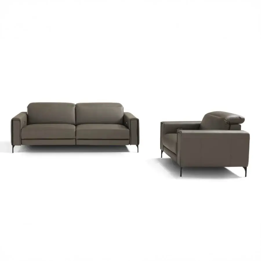 Exceptional Egoitaliano Gary sofa with muted taupe leather upholstery, dark epoxy powder coated metal legs and adjustable backrests