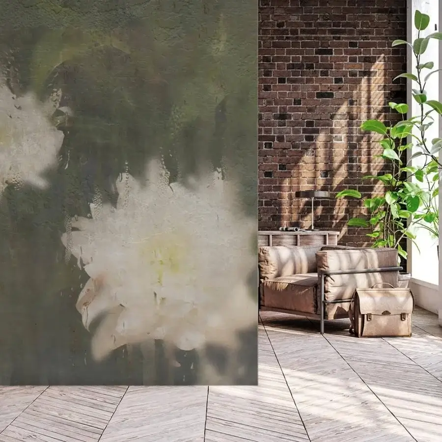 Superior Adriani e Rossi Clear wallpaper with softly blurred botanical design in muted olive green and faded white florals with fiberglass finish