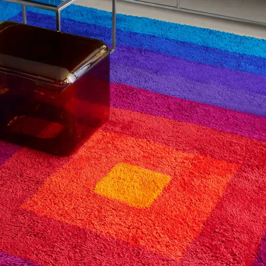 Distinguished Amini Romantica-Square rug hand-tufted in New Zealand wool with a plush hand-carved pile and vibrant magenta to indigo bands