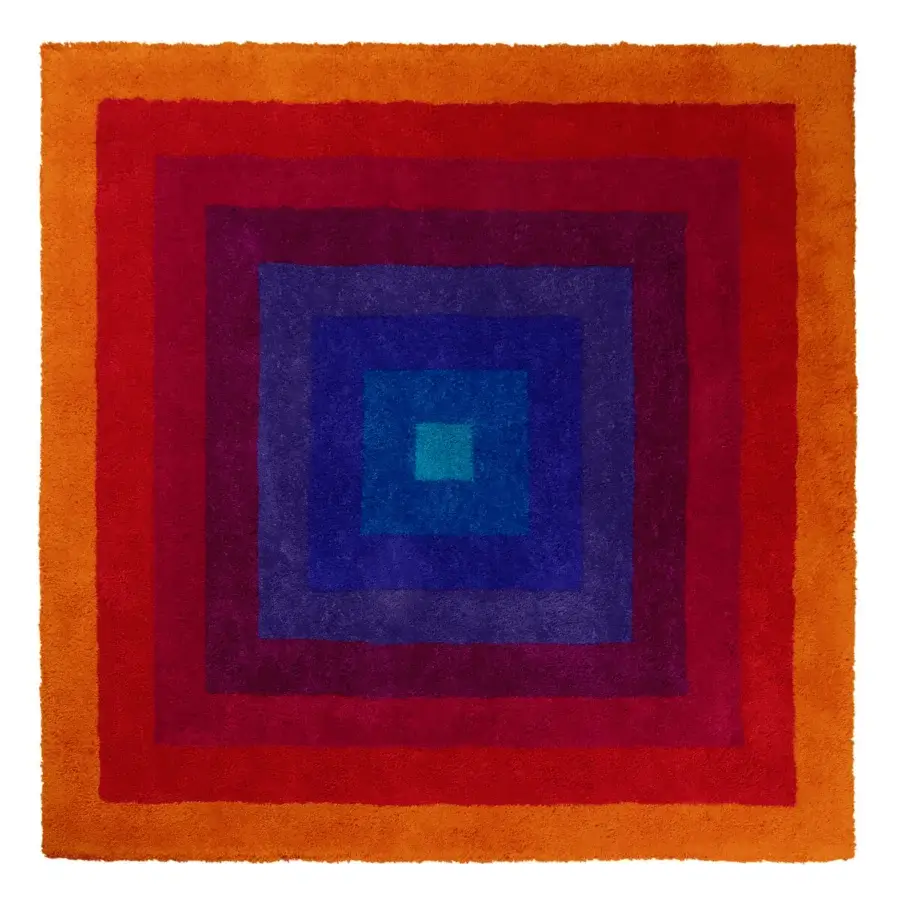 Distinguished Amini Romantica-Square rug hand-tufted from New Zealand wool with a carved gradient of orange, magenta, and teal tones