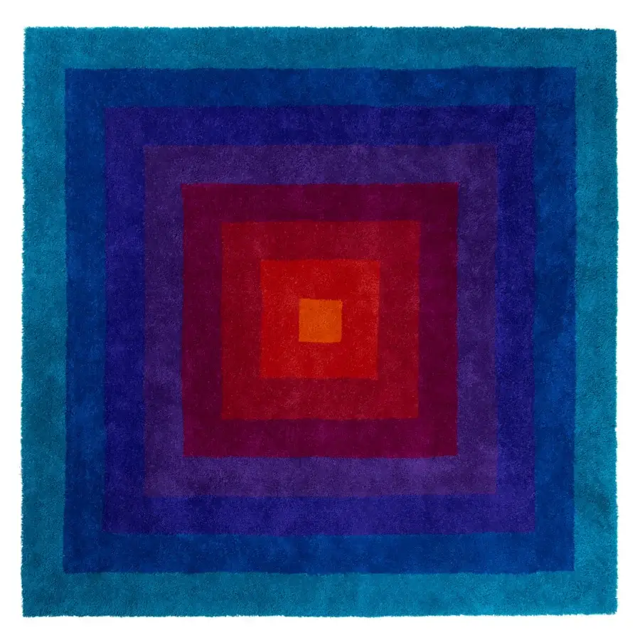 Lavish Amini Romantica-Square rug hand-tufted in New Zealand wool with a gradient of teal, purple, magenta, and orange-red hues and carved texture