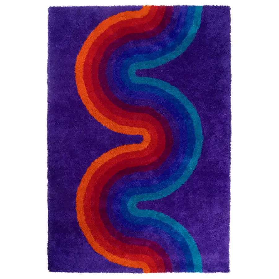 Lavish Amini Romantica-Curve rug showcasing a vibrant stripe in orange, red, teal, and blue with purple wool and hand-tufted finish