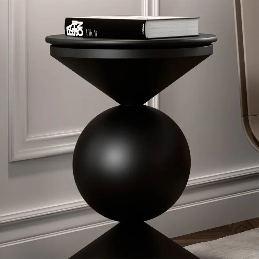 Superior Mascheroni Caramella side table crafted in wood with a glossy black finish and unique hourglass silhouette
