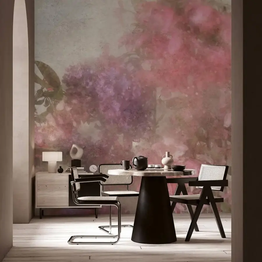 Elegant Adriani e Rossi Souvenir wallpaper with softly blurred floral design in muted pink and purple shades and premium textile finish