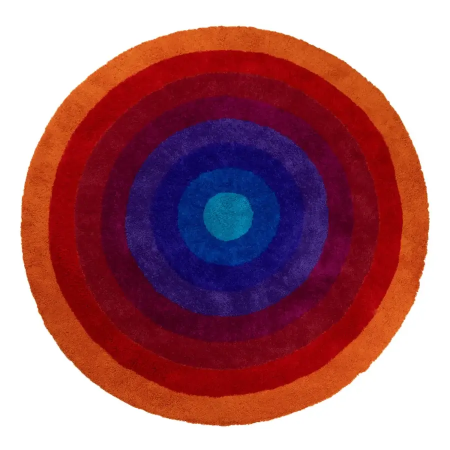 Distinguished Amini Romantica-Circle rug hand-tufted in New Zealand wool with carved rings of orange, purple and turquoise hues