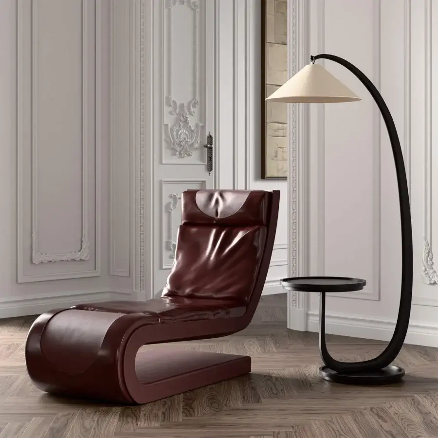 Superior Mascheroni Super G side table with lamp crafted in wood with matte black finish and sweeping curved silhouette