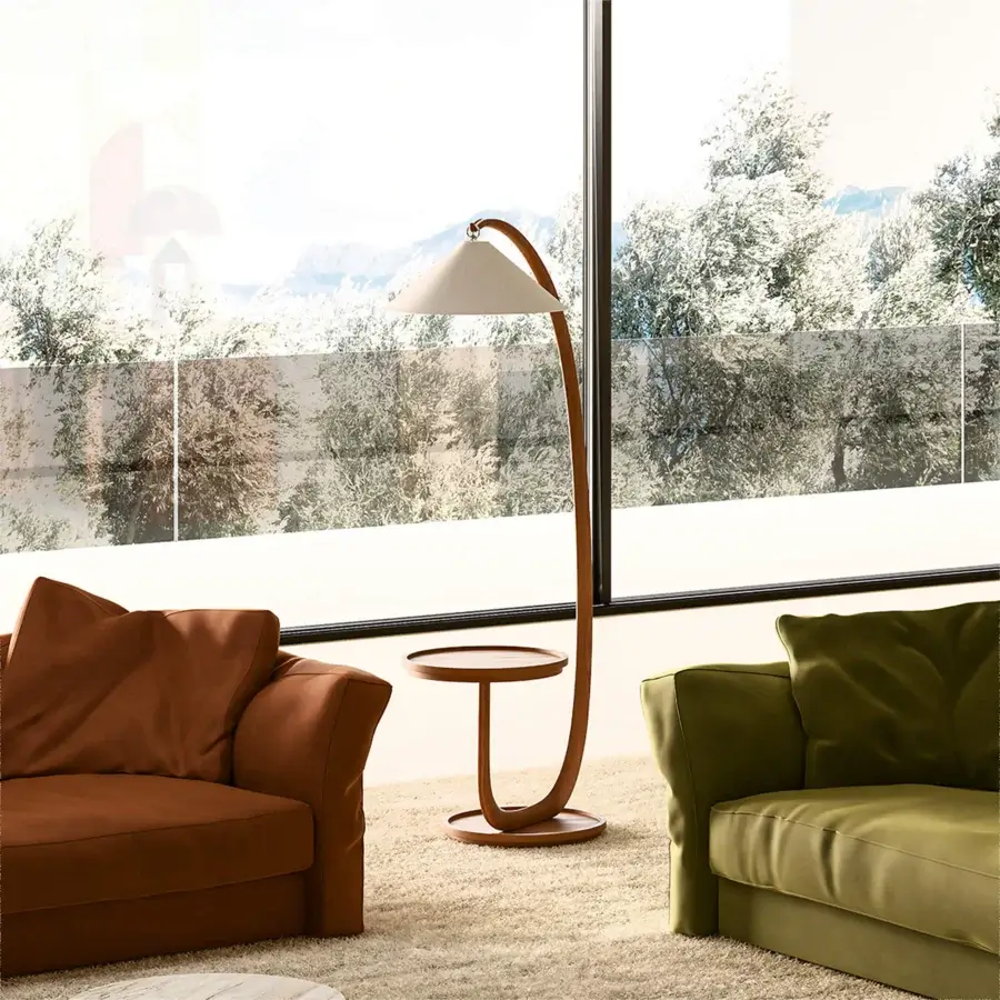 Elegant Mascheroni Super G side table with lamp crafted in wood with a satin finish and creamy white lampshade