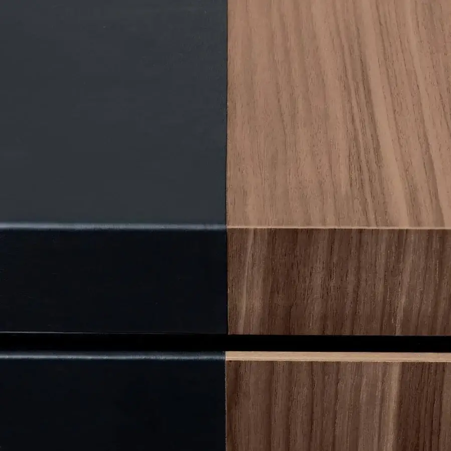 Exceptional 4 Mariani Kefa desk with intersecting volumes, a wood top with soft leather inlay and textured wood-grain finish