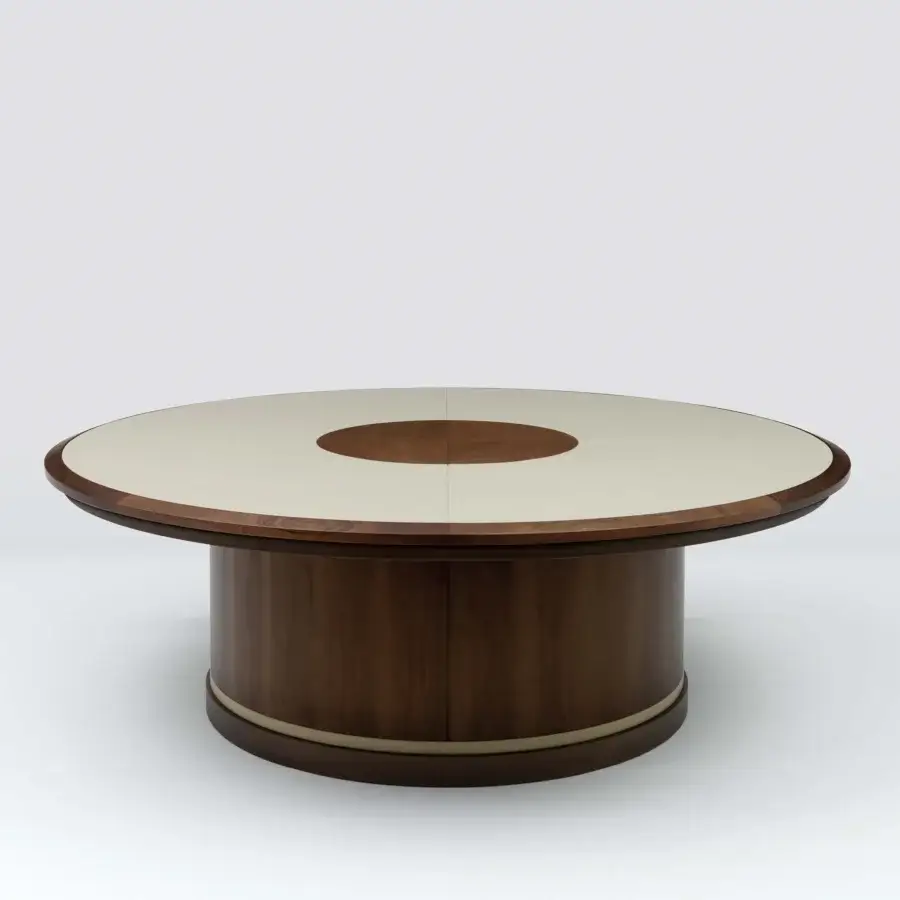 Distinguished Mascheroni Giubileo round conference table with ox leather and walnut wood tabletop, satin finish and cylindrical base
